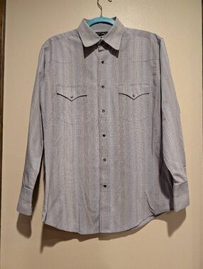 Vintage Wrangler Western Pearl Snap Shirt Mens Medium Blue Gray Microcheck Plaid